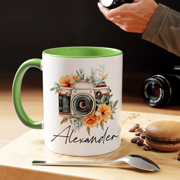Personalised Retro Watercolor Flower Camera 11 oz 15 oz Ceramic Mug with Name Birthday Gift for Photography Lover