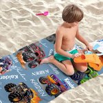 Personalized Multicolor Cartoon Off-road Vehicle Oversized Quick Dry Beach Towel with Name Summer Essentials Beach Party Birthday Gift for Kids