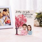 Personalized Love Tree Heart Gesture Cartoon Character Building Brick Puzzles with Name and Date Valentine's Day Anniversary Gift for Couple