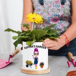 Maceta de cerámica con nombre y base de bambú para regalo de cumpleaños Día de la Madre para mujeres amantes de la jardinería