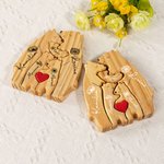 Personalized Red Heart Birth Flower Wooden Hug Bear Family Puzzle with 2-8 Names Desk Decor Birthday Father's Day Gift for Family