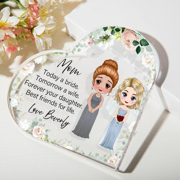 Gepersonaliseerde Cartoon Bruid en Moeder Karakters Bloemen Hart Acryl Plaquette met Naam Home Decor Bruids Douche Cadeau voor Bruid Moeder