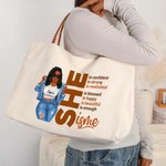 Personalized Cartoon Fashion Character Motivational Word Large Canvas Tote Bag with Name and Leather Handle Travel Essential Birthday Gift for Women