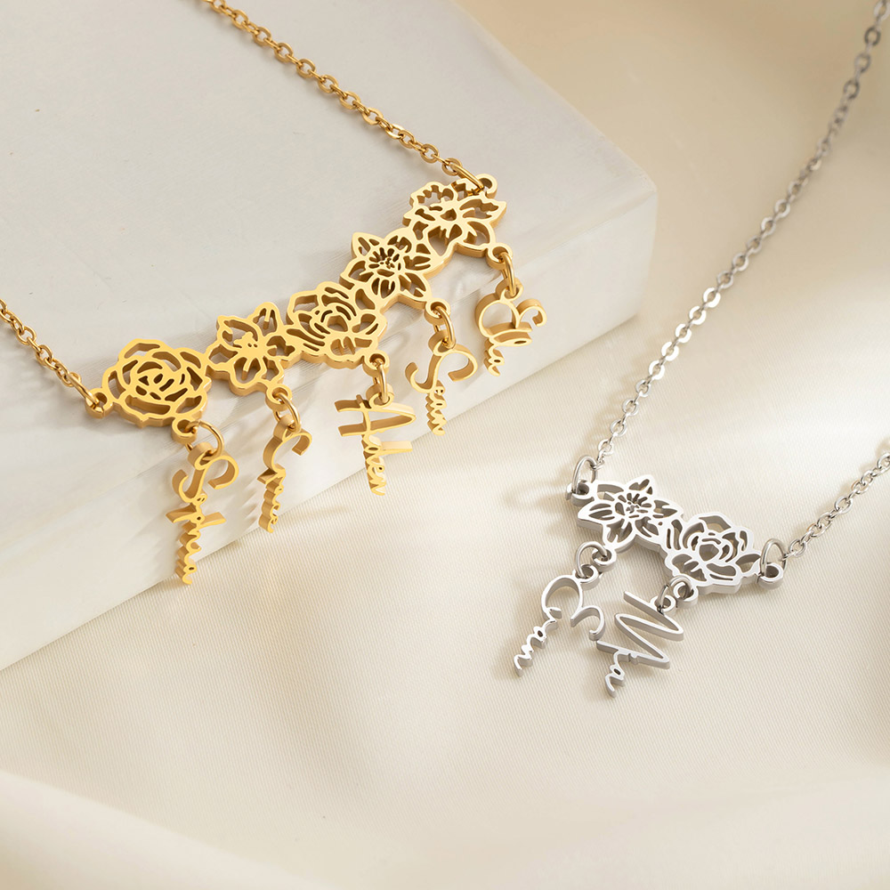 Collier de fleurs de naissance personnalisé avec 1-8 noms Femme Bijoux Anniversaire Fête des mères Cadeau pour Maman Grand-mère