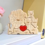 Personalized Wooden Lion Family Red Heart Puzzle with Engraved 2-5 Names Home Decor Birthday Anniversary Gift for Family