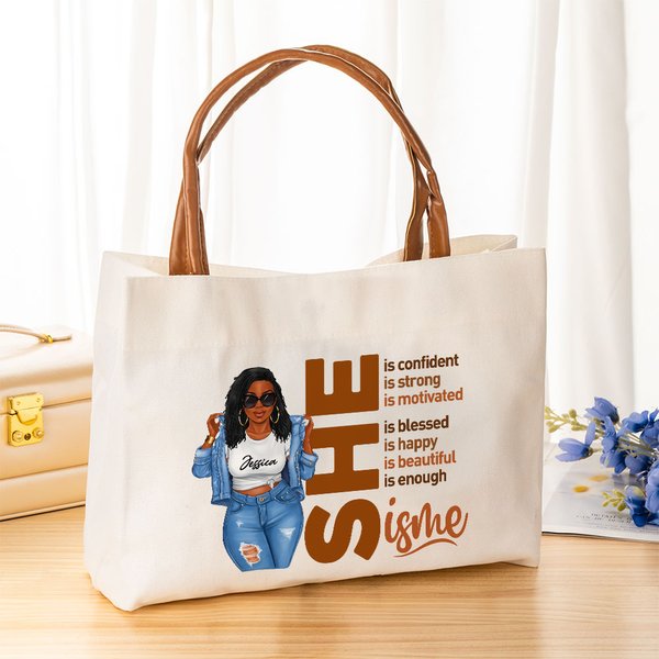 Personalized Cartoon Fashion Character Motivational Word Large Canvas Tote Bag with Name and Leather Handle Travel Essential Birthday Gift for Women