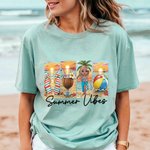 Personalized Summer Vibes Cartoon Beach Girl 100% Cotton Soft Crewneck T-shirt with Name Holiday Birthday Gift for Women