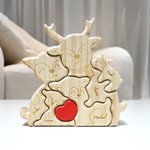 Personalized Cute Elk Family Red Heart Wooden Puzzle with 2-5 Engraved Names Desk Decor Birthday Anniversary Gift for Family