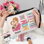Personalized She Is Mom Cartoon Character Bible Verse Makeup Bag with Name and Wristlet Strap Mother's Day Baptism Gift for Mother