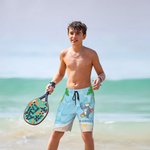Pantaloncini da spiaggia personalizzati con animali marini in stile cartone animato con coulisse e nome surfing estate viaggio regalo per ragazzi