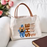 Personalized Cartoon Fashion Character Motivational Word Large Canvas Tote Bag with Name and Leather Handle Travel Essential Birthday Gift for Women