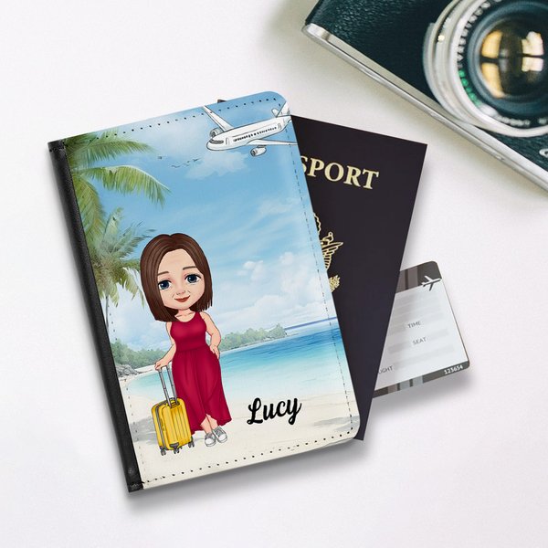 Personalised Seaside Vacation Cartoon Character PU Leather Passport Holder with Name and Card Slots Travel Essential Birthday Gift for Men Women Kids