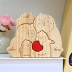 Personalized Wooden Penguin Family Red Heart Puzzle  with 2-5 Engraved Names Home Decor Birthday Anniversary Gift for Family