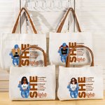Personalized Cartoon Fashion Character Motivational Word Large Canvas Tote Bag with Name and Leather Handle Travel Essential Birthday Gift for Women