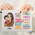 Personalized She Is Mom Cartoon Character Bible Verse Makeup Bag with Name and Wristlet Strap Mother's Day Baptism Gift for Mother