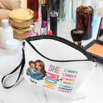 Personalized She Is Mom Cartoon Character Bible Verse Makeup Bag with Name and Wristlet Strap Mother's Day Baptism Gift for Mother