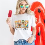 Personalized Summer Vibes Cartoon Beach Girl 100% Cotton Soft Crewneck T-shirt with Name Holiday Birthday Gift for Women