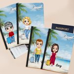 Personalized Seaside Vacation Cartoon Character PU Leather Passport Holder with Name and Card Slots Travel Essential Birthday Gift for Men Women Kids