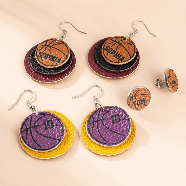 Personalised Multicolor Basketball Single Double Triple Layers PU Leather Stud Dangle Earrings with Text Game Day Gift for Basketball Lover Mom