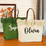 Personalisierte Große Canvas Tasche mit Fransen Namen und Taschenhenkel Reise Urlaub Zubehör Muttertag Geburtstag Geschenk für Damen