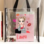 Personalisierte Cartoon Mode Mädchen Große Transparente Tragetasche mit Namen Lippenstift Durchsichtig Pool Reisezubehör Geburtstag Geschenk für Damen