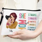 Personalized She Is Mom Cartoon Character Bible Verse Makeup Bag with Name and Wristlet Strap Mother's Day Baptism Gift for Mother