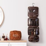 Personalised Portable PU Leather Hanging Toiletry Bag with Engraved Name Travel Essential Anniversary Birthday Gift for Men