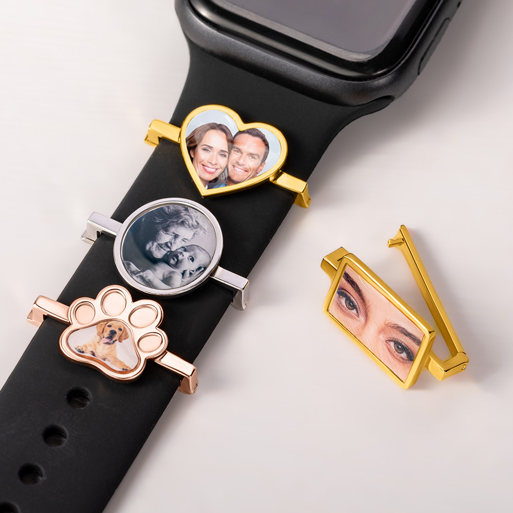 Breloque pour Bracelet de Montre Connectée Personnalisée avec Photo Forme Rectangle Ovale Cœur Cadeau Anniversaire pour Femme Homme