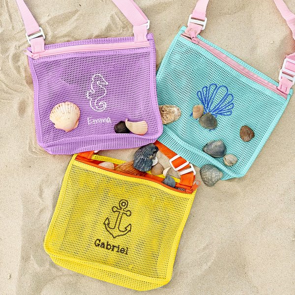 Personalized Embroidered Crab Starfish Shell Collecting Mesh Beach Bag with Name and Adjustable Strap Travel Essential Summer Vacation Gift for Kids