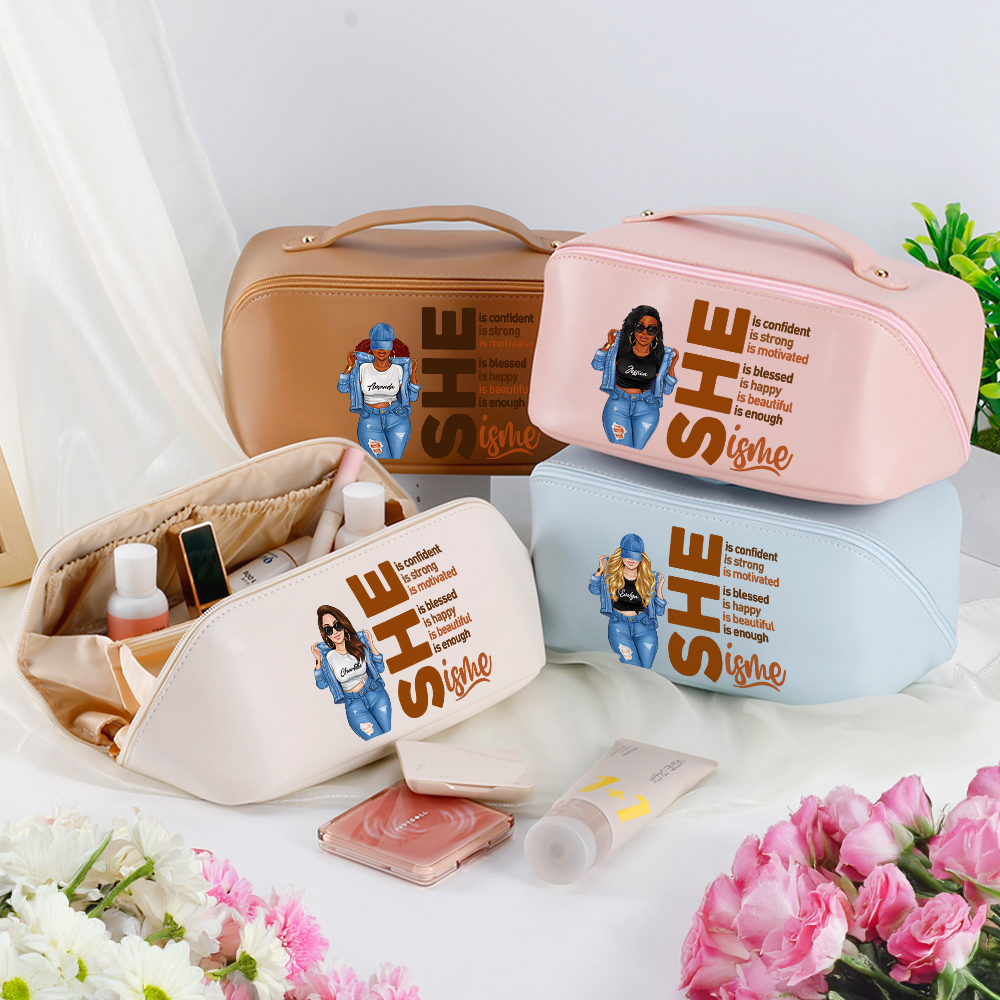 Trousse de maquillage en cuir à large ouverture avec nom Cadeau d'anniversaire d'encouragement et d'affirmation pour les femmes