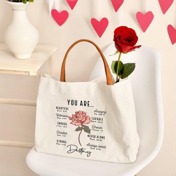 Personalised Birth Flower Bible Verse Canvas Tote Bag with Name and Leather Handle Travel Accessories Baptism Birthday Gift for Women Christians