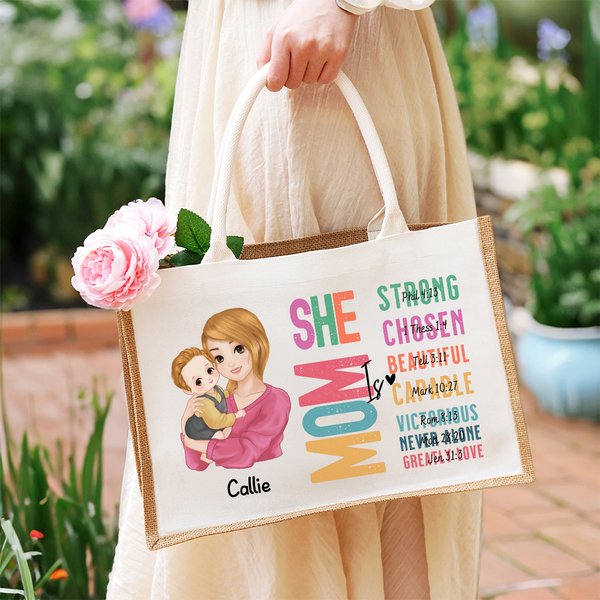Personalized She is Mom Cartoon Character Bible Verse Reusable Large Jute Tote Bag with Name Mother's Day Baptism Gift for Mom