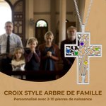 Collier Forme de Croix Personnalisé avec 2-10 Pierres de Naissance Nom Style Arbre de Famille Cadeau Fête des Mères Baptême Anniversaire pour Maman