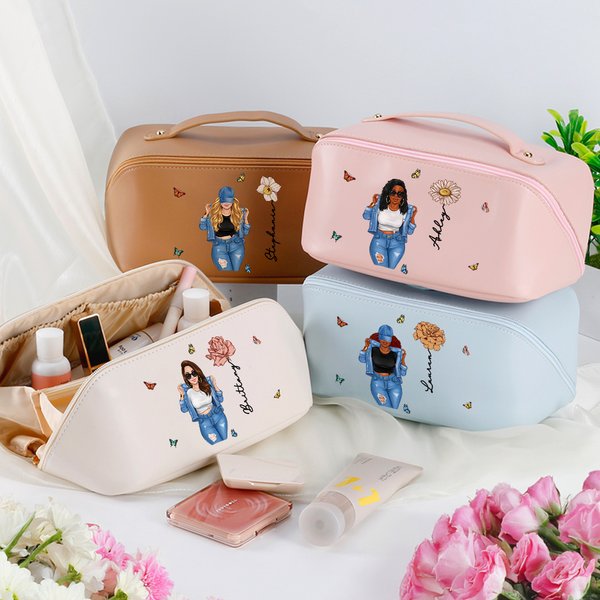 Personalizzato Compleanno Fiore Cartoon Ragazza Pelle Ampia Apertura Borsa Cosmetica Con Nome Stampato Viaggio Stoccaggio Compleanno Regalo Adatto per le Donne