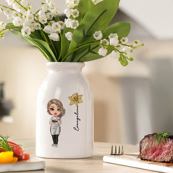 Personalized Birth Flower Cartoon Cooking Mama Ceramic Vase with Name Home Decor Mother's Day Birthday Gift for Cooking Lovers Women