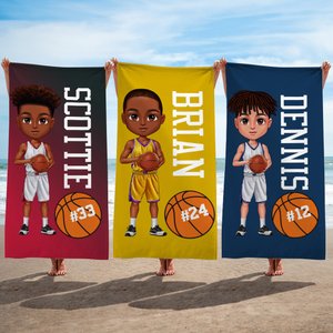 Gepersonaliseerde basketbal cartoon jongen oversized sneldrogende microvezel strandhanddoek met naam en nummer strandfeest verjaardagscadeau voor mannen