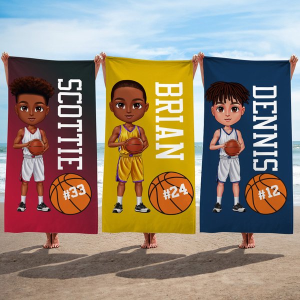 Personalized Basketball Cartoon Boy Oversized Quick Dry Microfiber Beach Towel with Name and Number Beach Pool Party Birthday Gift for Men