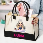 Gepersonaliseerde Leuke Cartoon Manicure Karakter Canvas Tas met Naam Verjaardag Schoonheidssalon Opening Gift voor Nagel Technici