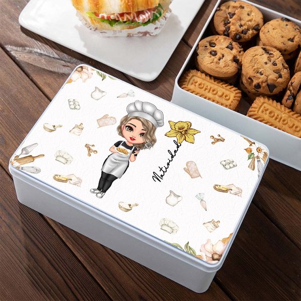 Gepersonaliseerde Geboortebloem Cartoon Koken Mama Koekjes Tin Opbergdoos met Naam Verjaardag Moederdag Cadeau voor Mama Oma Bakker