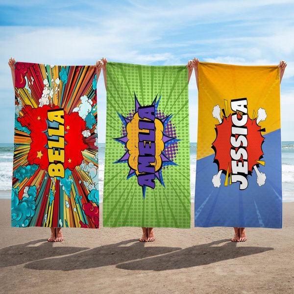 Henkilökohtainen Comic Style Quick Dry Ylimitoitettu rantapyyhe nimellä Kesän lisävaruste Beach Party Syntymäpäivä Lahja ystäville Comic Loversille