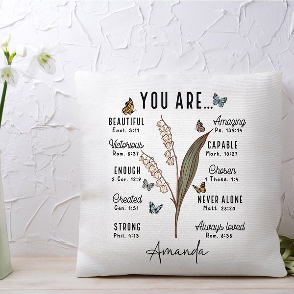 Personalized You Are Bible Verse Birth Flower Soft Throw Pillow Cover with Name Home Decor Baptism Birthday Gift for Women Christian