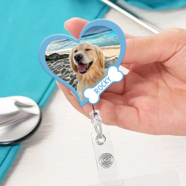 Personalised Heart Pet Photo Acrylic Retractable Badge Reel with Badge Buddy Birthday Vet Tech Accessories Gift for Veterinarian Pet Lovers