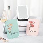Personalized Birth Flower LED Three-color Makeup Mirror with Name Travel Essential Anniversary Birthday Gift for Women Girls Bridesmaids