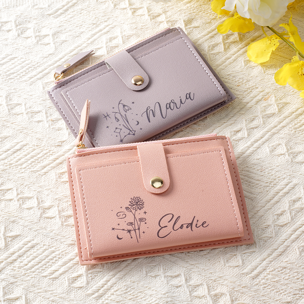 Portefeuille en Cuir Personnalisé avec Fleur de Naissance du Zodiaque et Nom Cadeau d'Anniversaire pour Femmes Filles