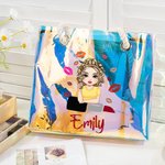 Personalized Cartoon Fashion Lipstick Girl Large Holographic Clear Tote Bag with Name Beach Travel Party Bridal Shower Birthday Gift for Women Girls