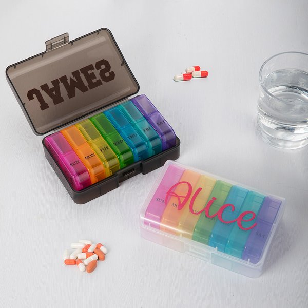 Personalized Portable Rainbow-colored Weekly Pill Organizer Box with Name Travel Accessory Get Well Soon Birthday Gift for Family Friends
