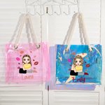Personalized Cartoon Fashion Lipstick Girl Large Holographic Clear Tote Bag with Name Beach Travel Party Bridal Shower Birthday Gift for Women Girls
