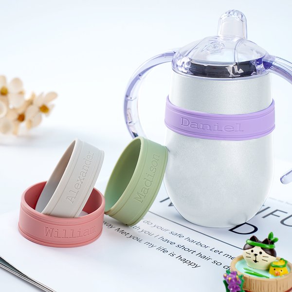 Personalised Multicolour Food-grade Silicone Heat-insulated Bottle Sleeve Cover with Engraved Name Set of 2 Back to School Birthday Gift for Baby Kid