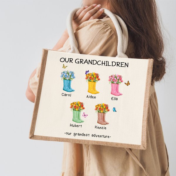 Personalizzato Our Grandest Adventure Floral Boots 2-6 Names Jute Tote Bag Festa della mamma Regalo di compleanno per la nonna