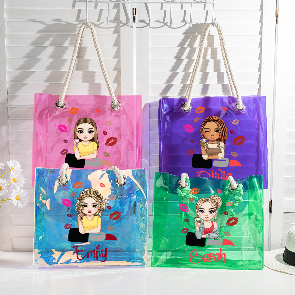 Sac Tote Transparent Holographique Personnalisé avec Fille de Dessin Animé et Nom Cadeau de Plage Voyage Anniversaire pour Femmes et Filles